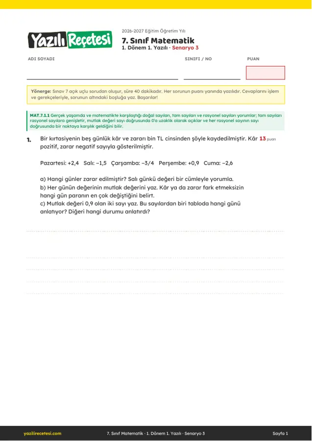 2026-2027 7. Sınıf Matematik 1. Dönem 1. Yazılı Soruları (Senaryo 3) Cevaplı ilk sayfa önizlemesi