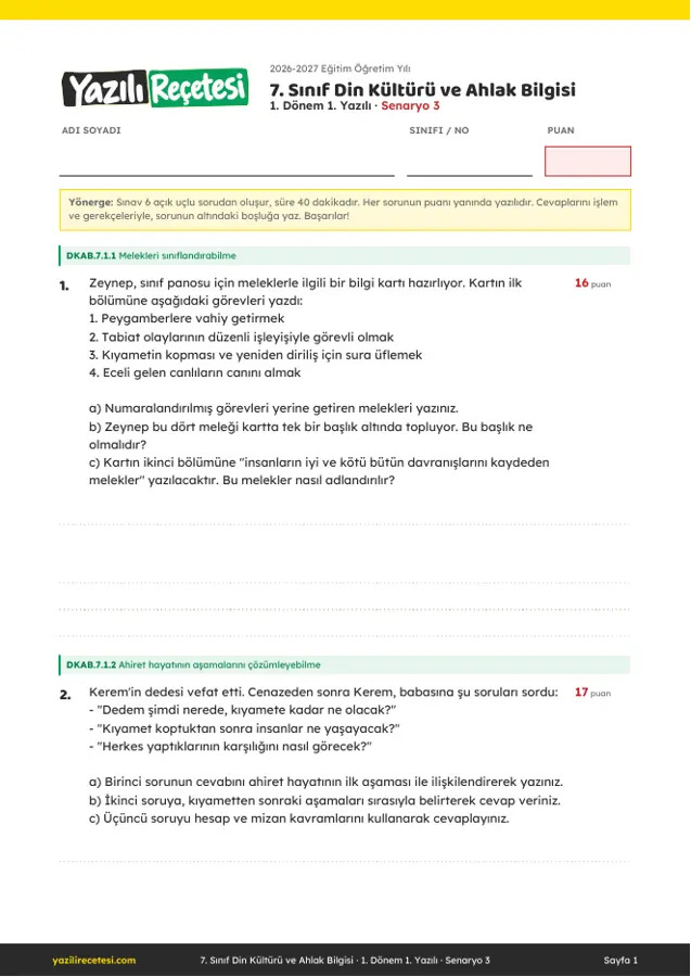 2026-2027 7. Sınıf Din Kültürü 1. Dönem 1. Yazılı Soruları (Senaryo 3) Cevaplı ilk sayfa önizlemesi