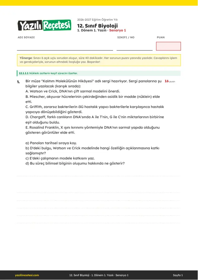 2026-2027 12. Sınıf Biyoloji 1. Dönem 1. Yazılı Soruları (Senaryo 1) Cevaplı ilk sayfa önizlemesi