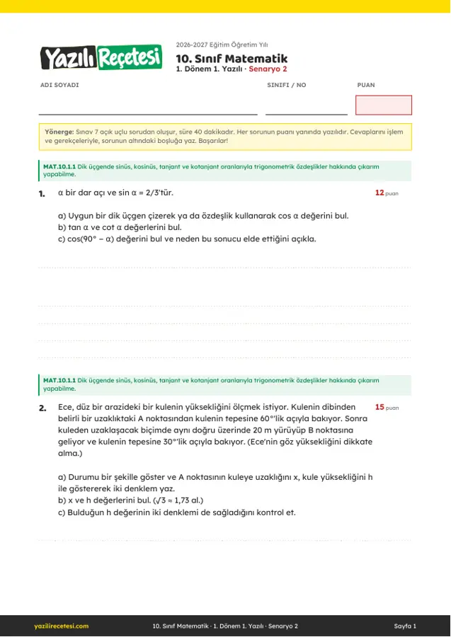2026-2027 10. Sınıf Matematik 1. Dönem 1. Yazılı Soruları (Senaryo 2) Cevaplı ilk sayfa önizlemesi