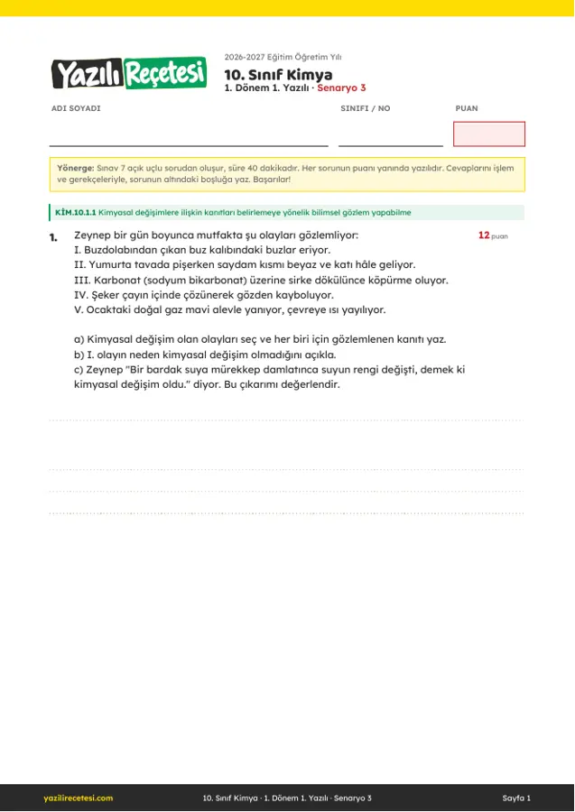 2026-2027 10. Sınıf Kimya 1. Dönem 1. Yazılı Soruları (Senaryo 3) Cevaplı ilk sayfa önizlemesi