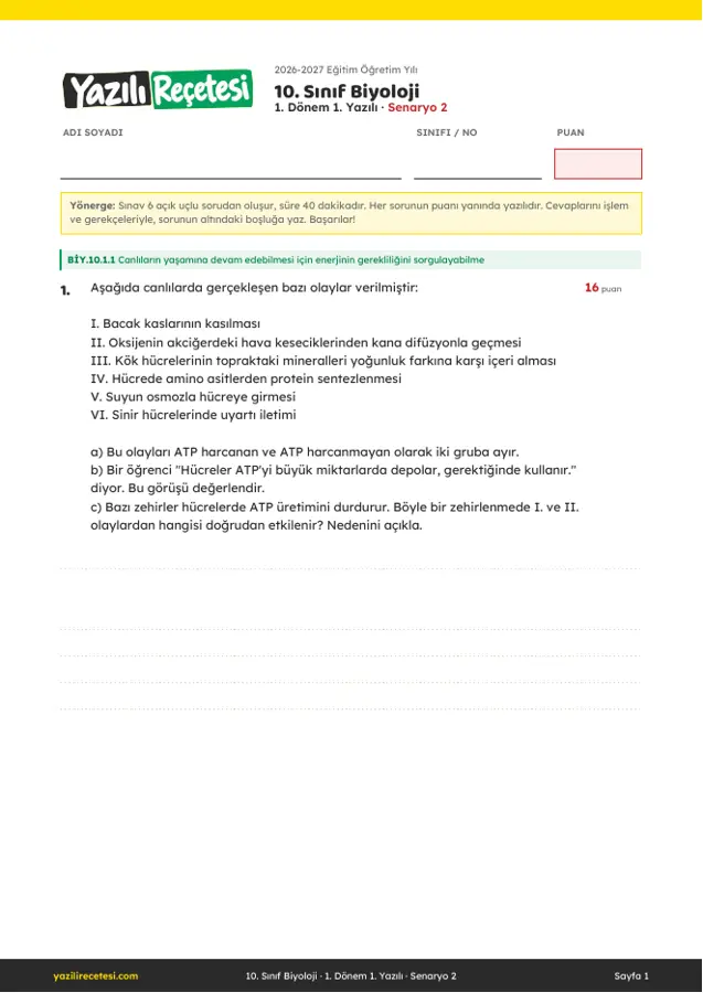 2026-2027 10. Sınıf Biyoloji 1. Dönem 1. Yazılı Soruları (Senaryo 2) Cevaplı ilk sayfa önizlemesi
