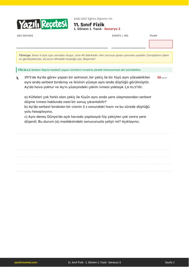 2026-2027 11. Sınıf Fizik 1. Dönem 1. Yazılı Soruları (Senaryo 2) Cevaplı ilk sayfa önizlemesi