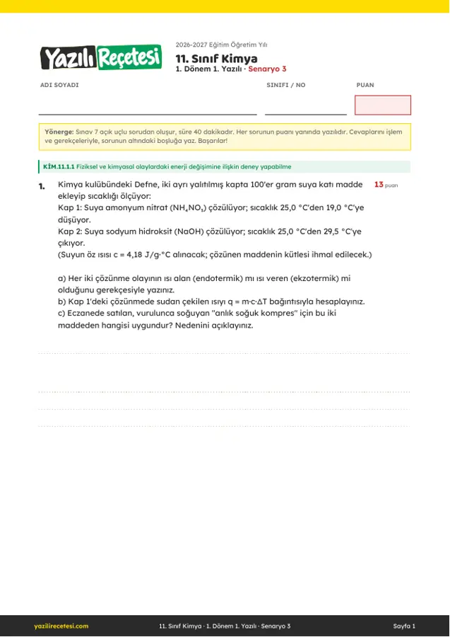 2026-2027 11. Sınıf Kimya 1. Dönem 1. Yazılı Soruları (Senaryo 3) Cevaplı ilk sayfa önizlemesi
