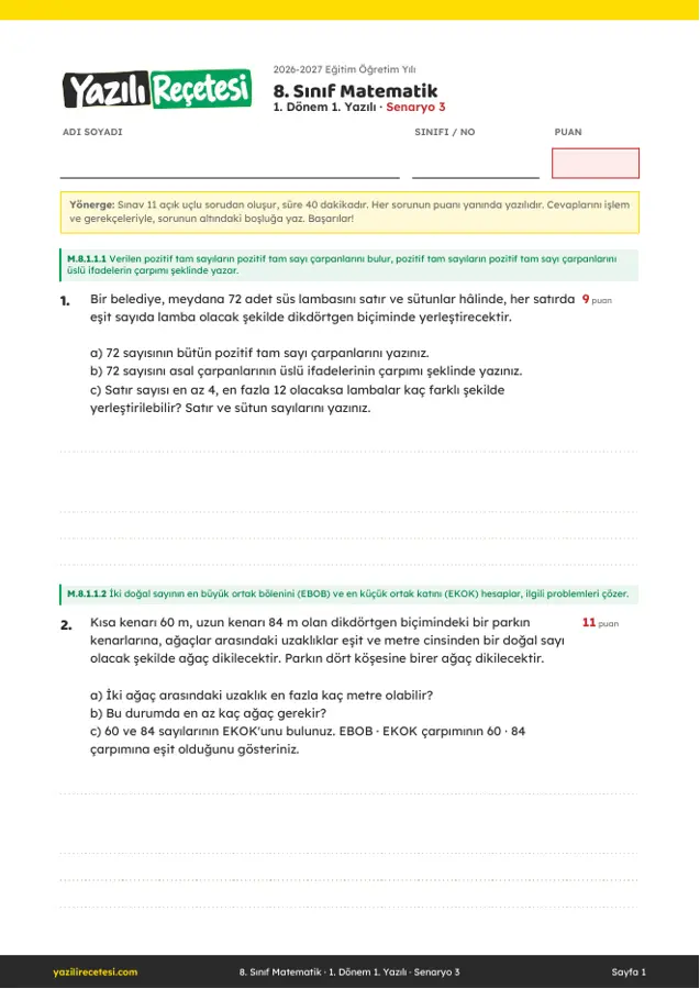 2026-2027 8. Sınıf Matematik 1. Dönem 1. Yazılı Soruları (Senaryo 3) Cevaplı ilk sayfa önizlemesi