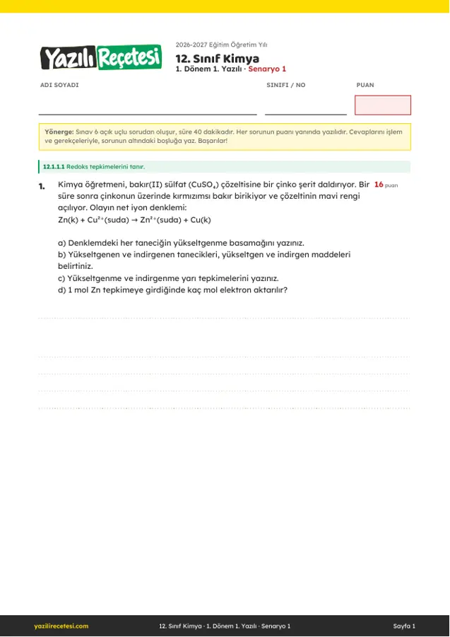 2026-2027 12. Sınıf Kimya 1. Dönem 1. Yazılı Soruları (Senaryo 1) Cevaplı ilk sayfa önizlemesi
