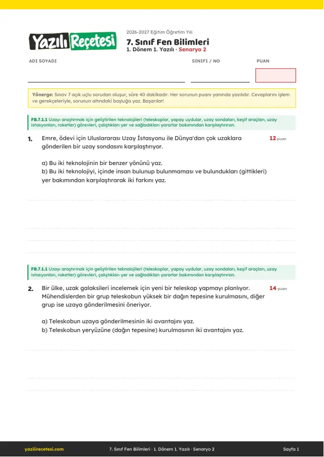 2026-2027 7. Sınıf Fen Bilimleri 1. Dönem 1. Yazılı Soruları (Senaryo 2) Cevaplı ilk sayfa önizlemesi