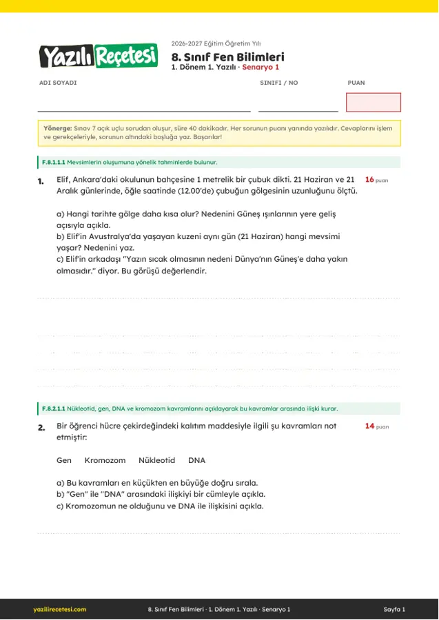 2026-2027 8. Sınıf Fen Bilimleri 1. Dönem 1. Yazılı Soruları (Senaryo 1) Cevaplı ilk sayfa önizlemesi