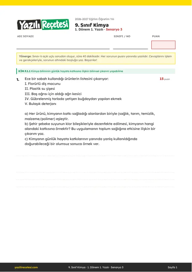 2026-2027 9. Sınıf Kimya 1. Dönem 1. Yazılı Soruları (Senaryo 3) Cevaplı ilk sayfa önizlemesi