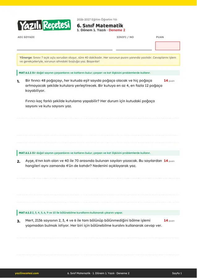 2026-2027 6. Sınıf Matematik 1. Dönem 1. Yazılı Soruları (Deneme 2) Cevaplı ilk sayfa önizlemesi