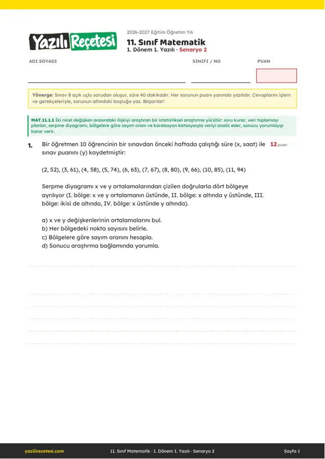 2026-2027 11. Sınıf Matematik 1. Dönem 1. Yazılı Soruları (Senaryo 2) Cevaplı ilk sayfa önizlemesi