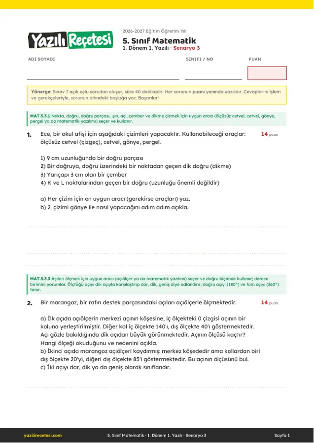 2026-2027 5. Sınıf Matematik 1. Dönem 1. Yazılı Soruları (Senaryo 3) Cevaplı ilk sayfa önizlemesi