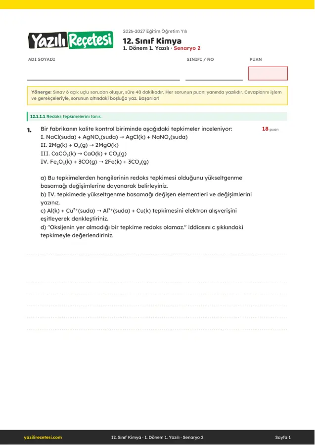 2026-2027 12. Sınıf Kimya 1. Dönem 1. Yazılı Soruları (Senaryo 2) Cevaplı ilk sayfa önizlemesi