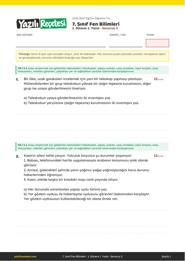 2026-2027 7. Sınıf Fen Bilimleri 1. Dönem 1. Yazılı Soruları (Senaryo 3) Cevaplı ilk sayfa önizlemesi