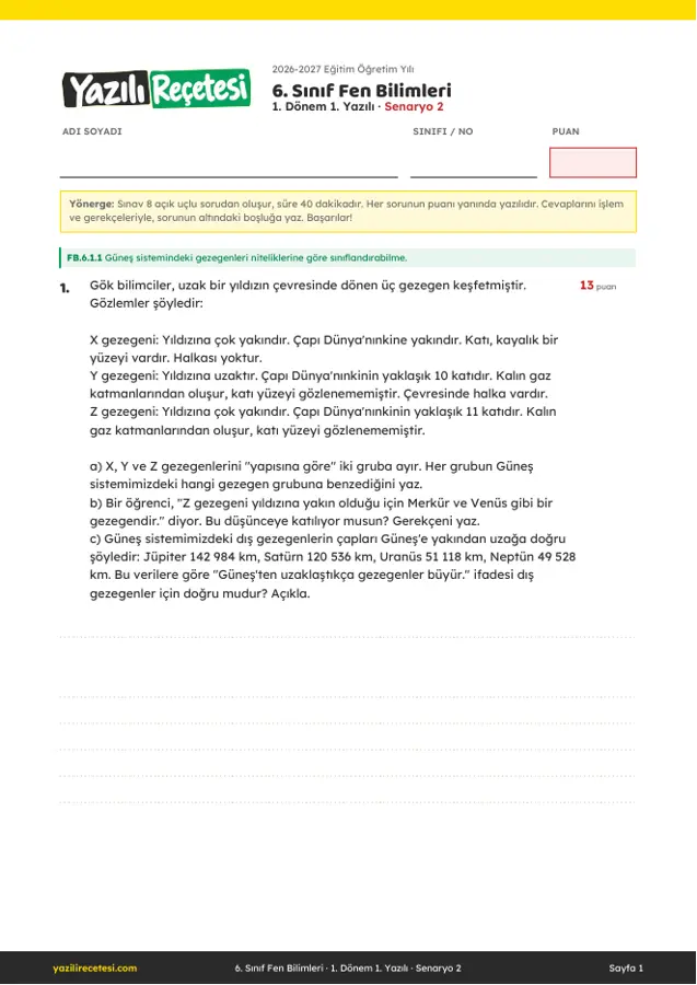 2026-2027 6. Sınıf Fen Bilimleri 1. Dönem 1. Yazılı Soruları (Senaryo 2) Cevaplı ilk sayfa önizlemesi