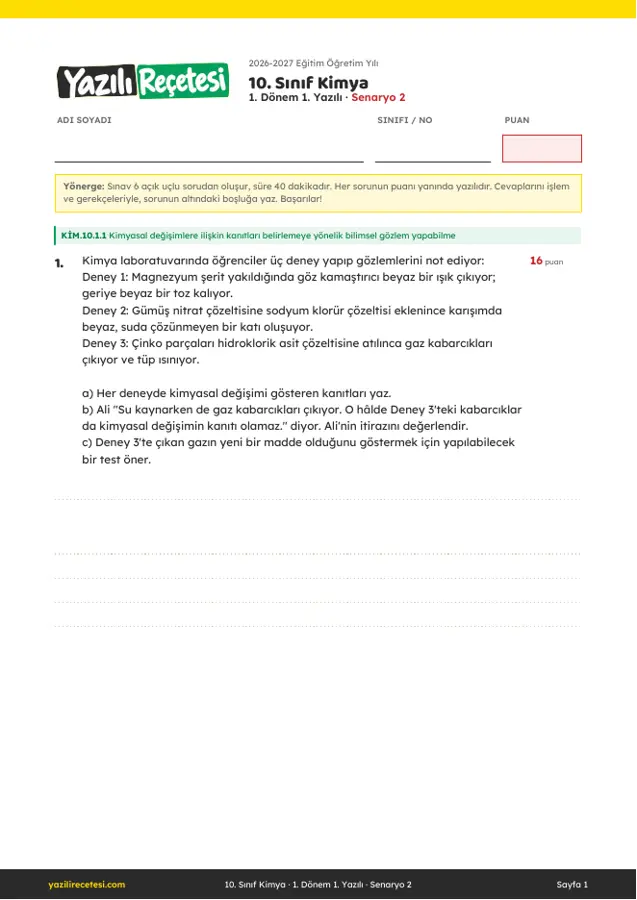 2026-2027 10. Sınıf Kimya 1. Dönem 1. Yazılı Soruları (Senaryo 2) Cevaplı ilk sayfa önizlemesi