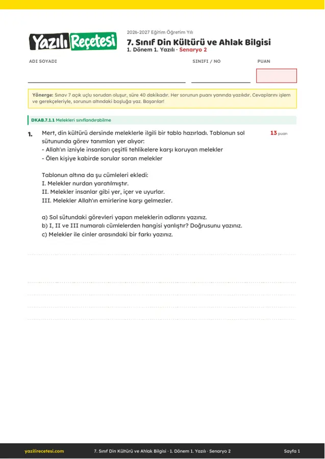 2026-2027 7. Sınıf Din Kültürü 1. Dönem 1. Yazılı Soruları (Senaryo 2) Cevaplı ilk sayfa önizlemesi