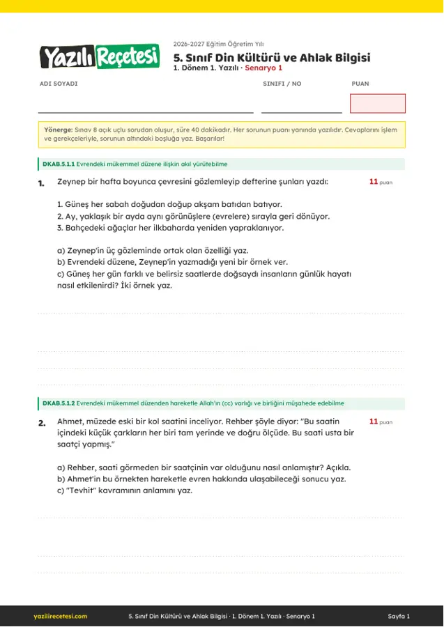 2026-2027 5. Sınıf Din Kültürü 1. Dönem 1. Yazılı Soruları (Senaryo 1) Cevaplı ilk sayfa önizlemesi