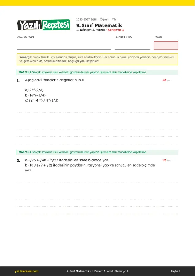 2026-2027 9. Sınıf Matematik 1. Dönem 1. Yazılı Soruları (Senaryo 1) Cevaplı ilk sayfa önizlemesi
