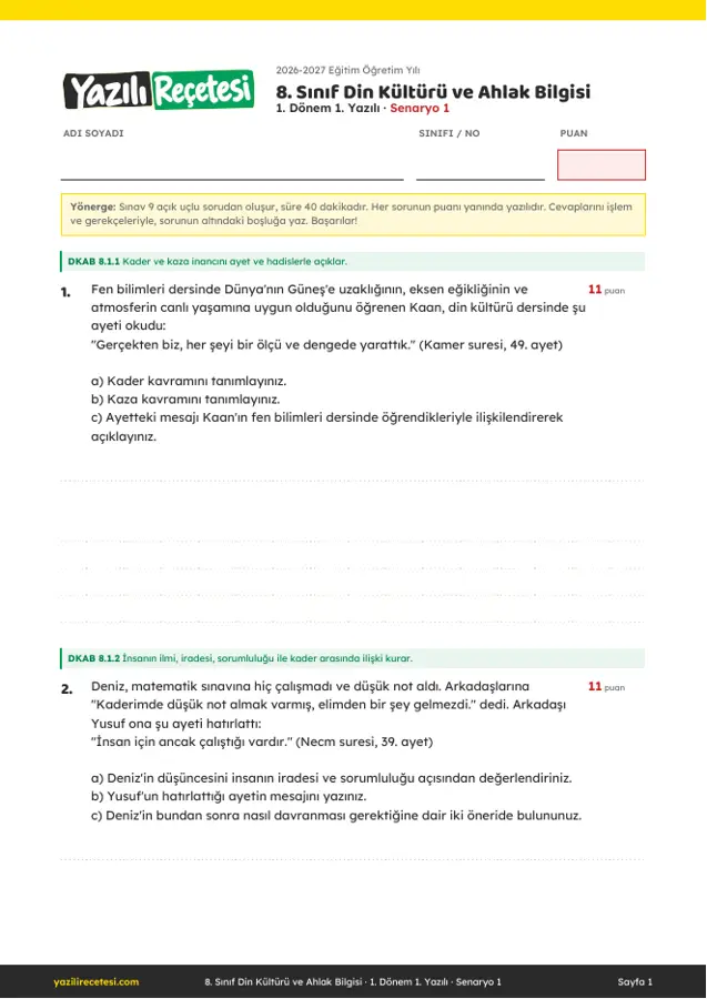 2026-2027 8. Sınıf Din Kültürü 1. Dönem 1. Yazılı Soruları (Senaryo 1) Cevaplı ilk sayfa önizlemesi
